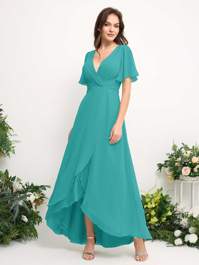 Carlyna A-Linien-Kleid Chiffon V-Ausschnitt Bodenlang Brautjungfernkleid Türkis #farbe_t-rkis