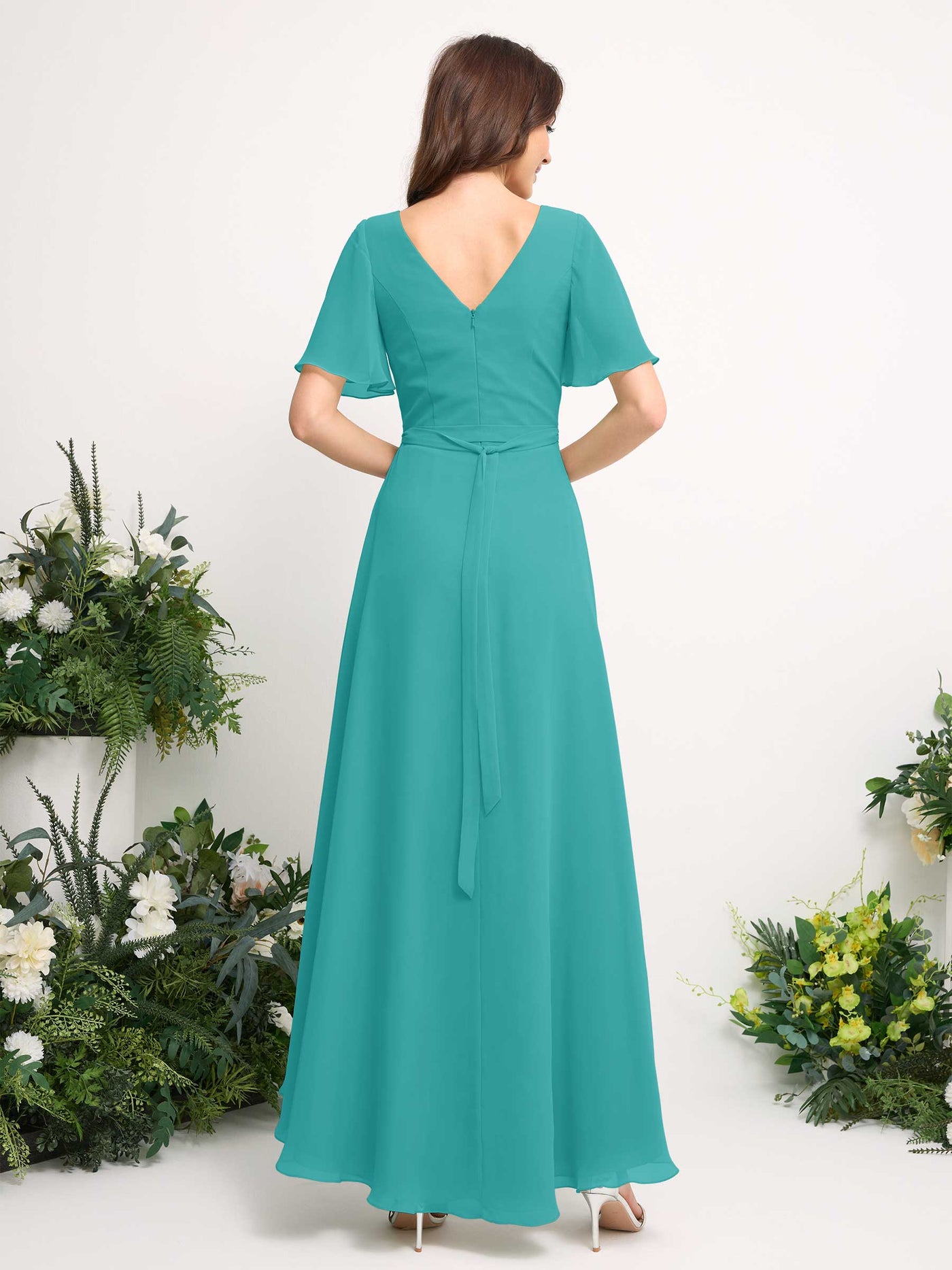 Carlyna A-Linien-Kleid Chiffon V-Ausschnitt Bodenlang Brautjungfernkleid Türkis #farbe_t-rkis