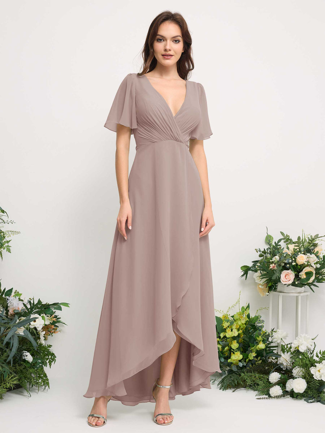 Carlyna A-Linien-Kleid Chiffon V-Ausschnitt Bodenlang Brautjungfernkleid Taupe 