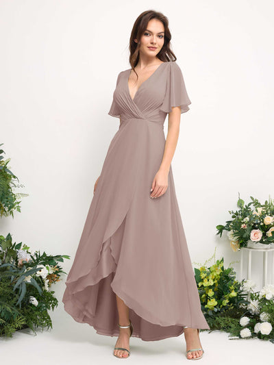 Carlyna A-Linien-Kleid Chiffon V-Ausschnitt Bodenlang Brautjungfernkleid Taupe #farbe_taupe