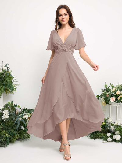 Carlyna A-Linien-Kleid Chiffon V-Ausschnitt Bodenlang Brautjungfernkleid Taupe #farbe_taupe