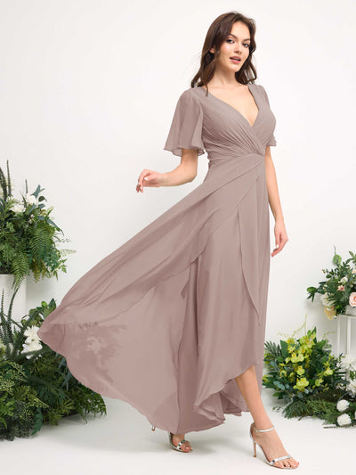 Carlyna A-Linien-Kleid Chiffon V-Ausschnitt Bodenlang Brautjungfernkleid Taupe #farbe_taupe