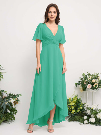 Carlyna A-Linien-Kleid Chiffon V-Ausschnitt Bodenlang Brautjungfernkleid Tiffany-Blau #farbe_tiffany-blau