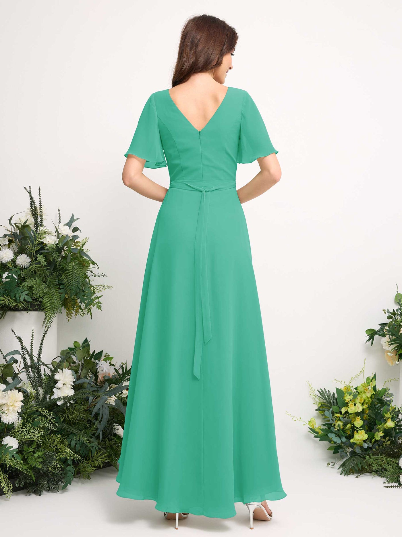 Carlyna A-Linien-Kleid Chiffon V-Ausschnitt Bodenlang Brautjungfernkleid Tiffany-Blau #farbe_tiffany-blau