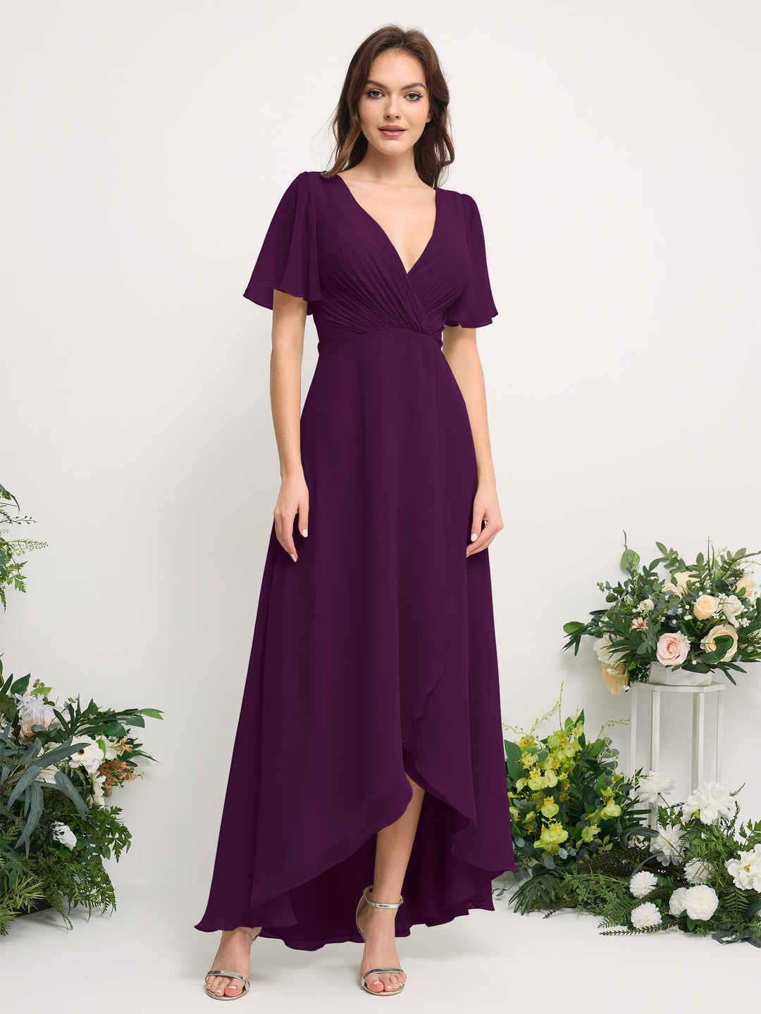 Carlyna A-Linien-Kleid Chiffon V-Ausschnitt Bodenlang Brautjungfernkleid Traube 