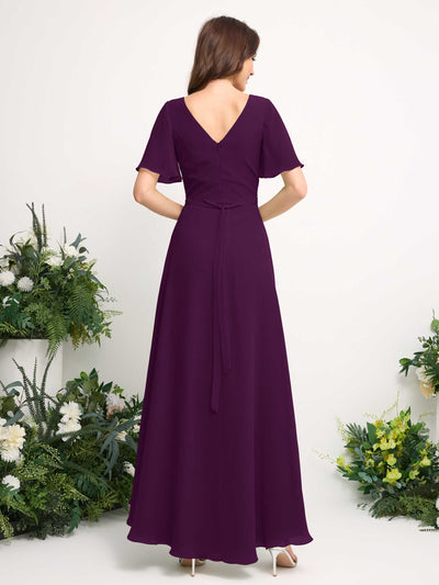 Carlyna A-Linien-Kleid Chiffon V-Ausschnitt Bodenlang Brautjungfernkleid Traube #farbe_traube