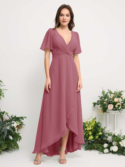 Carlyna A-Linien-Kleid Chiffon V-Ausschnitt Bodenlang Brautjungfernkleid Wüstenrose #farbe_w-stenrose