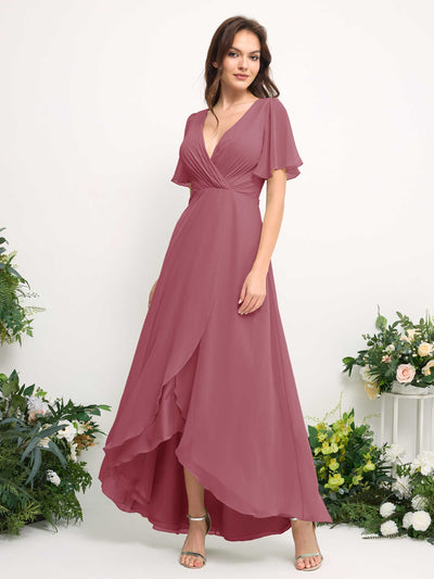 Carlyna A-Linien-Kleid Chiffon V-Ausschnitt Bodenlang Brautjungfernkleid Wüstenrose #farbe_w-stenrose