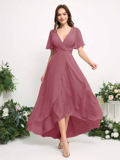 Carlyna A-Linien-Kleid Chiffon V-Ausschnitt Bodenlang Brautjungfernkleid Wüstenrose #farbe_w-stenrose