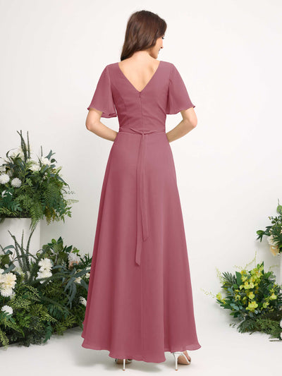 Carlyna A-Linien-Kleid Chiffon V-Ausschnitt Bodenlang Brautjungfernkleid Wüstenrose #farbe_w-stenrose