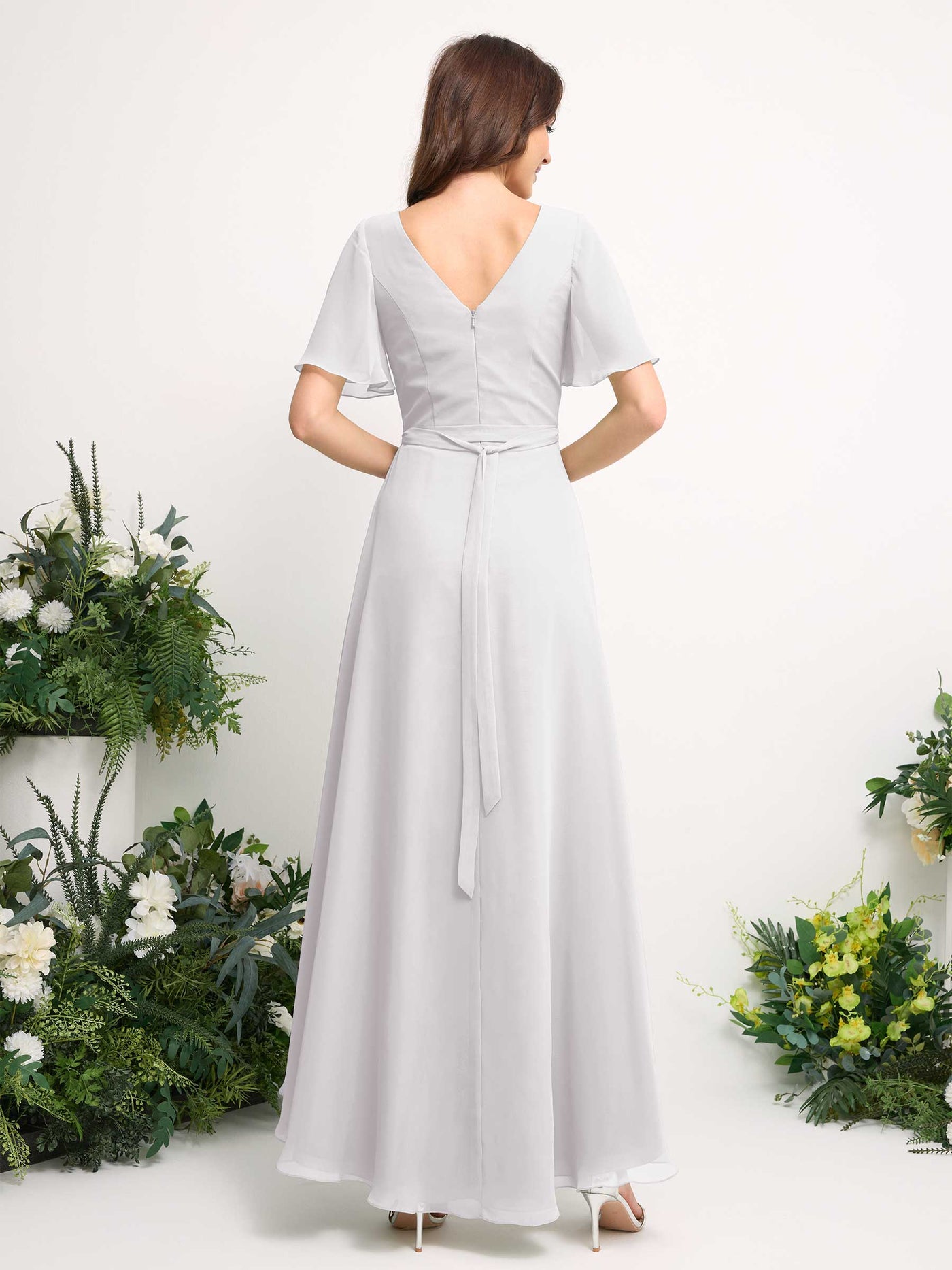 Carlyna A-Linien-Kleid Chiffon V-Ausschnitt Bodenlang Brautjungfernkleid Weiß #farbe_wei
