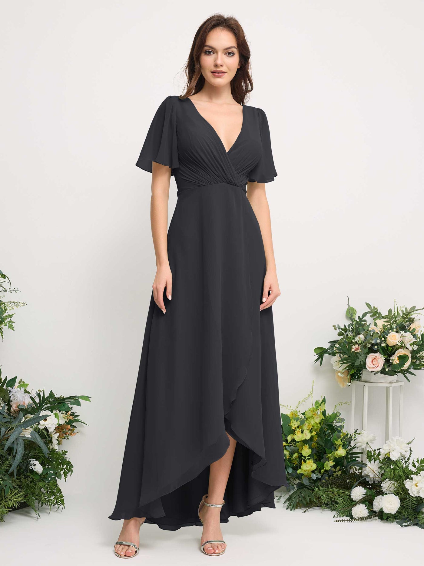 Carlyna A-Linien-Kleid Chiffon V-Ausschnitt Bodenlang Brautjungfernkleid Zinnfarben #farbe_zinnfarben