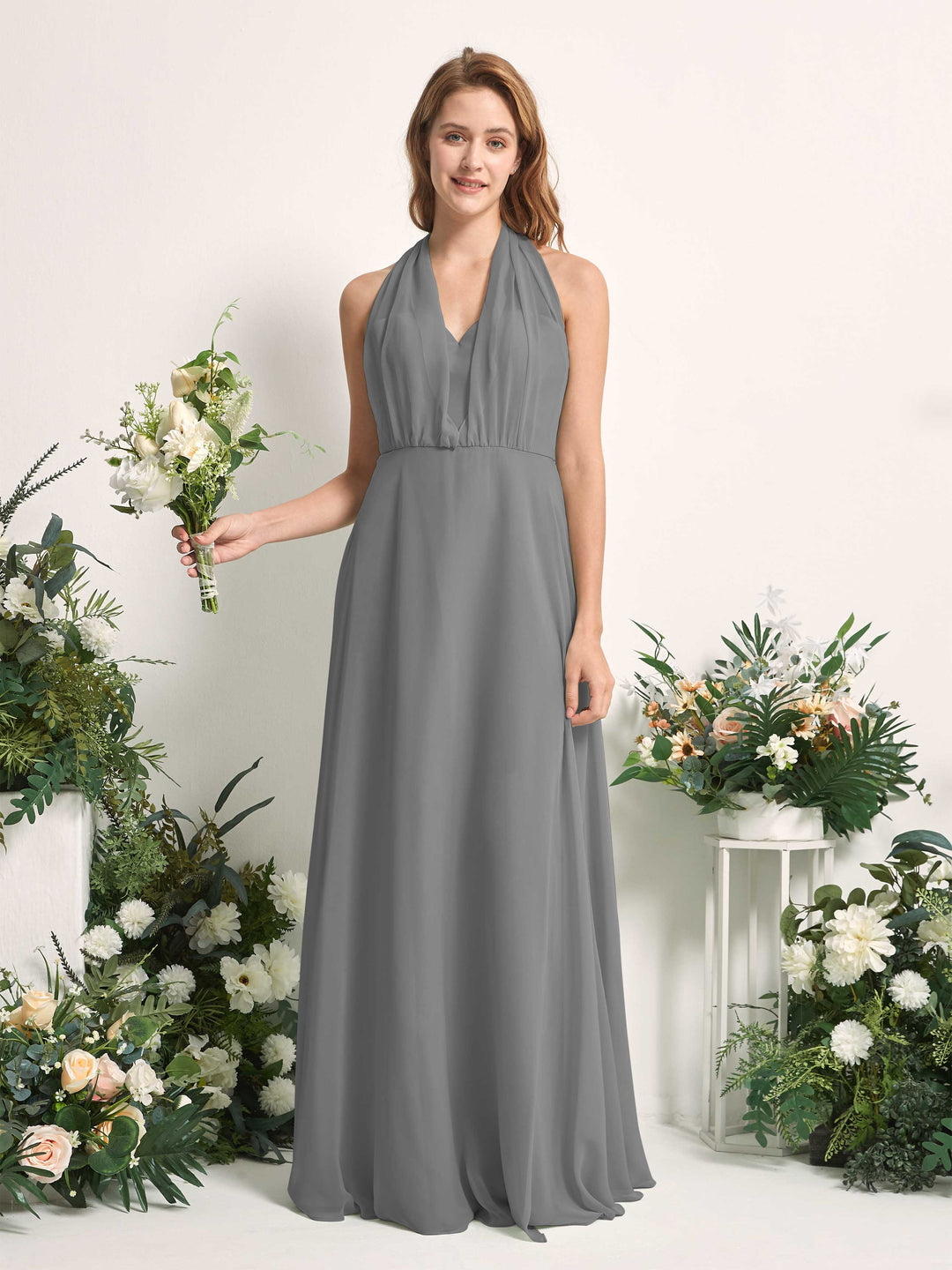 Carlyna A-Linien-Kleid Herzausschnitt Bodenlang Brautjungfernkleid Stahlgrau 