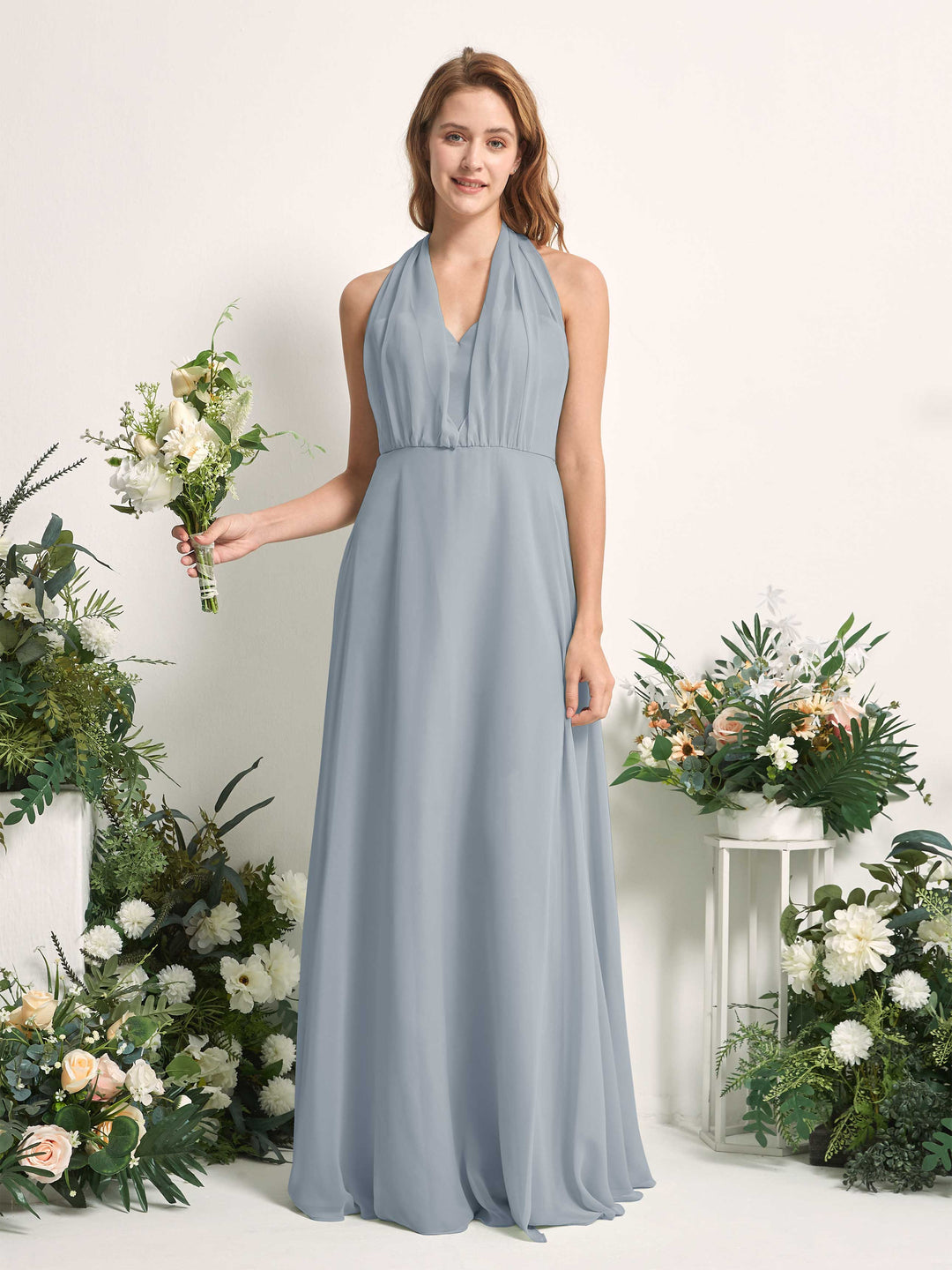 Carlyna A-Linien-Kleid Herzausschnitt Bodenlang Brautjungfernkleid Staubiges Blau-Upgrade 