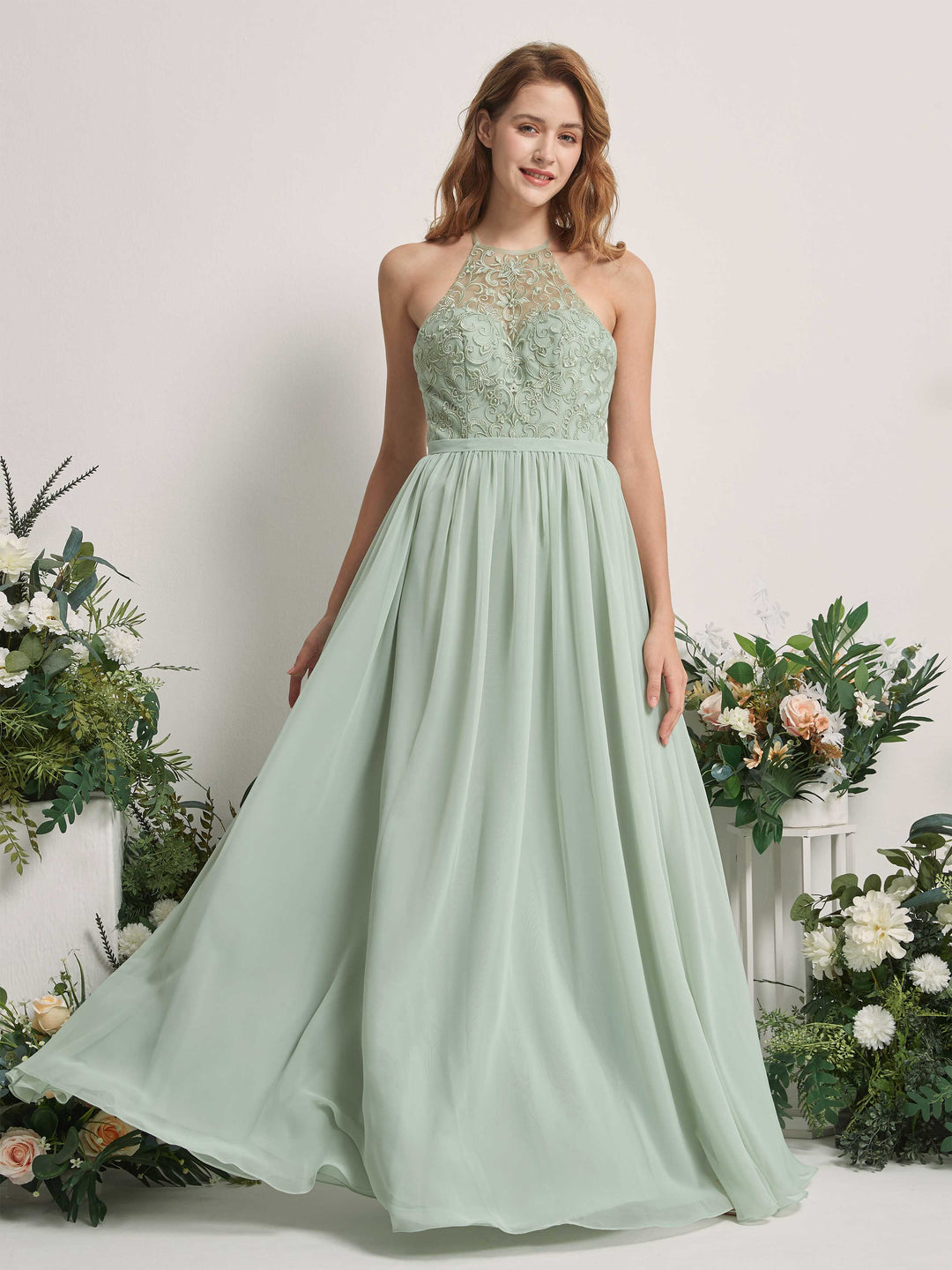 Carlyna A-Linien-Kleid Illusion Ausschnitt Bodenlang Chiffon Brautjungfernkleid Salbeigrün 