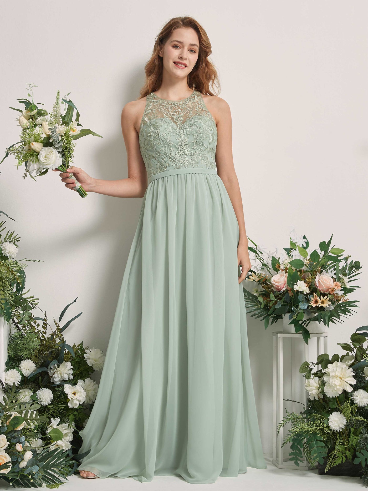 Carlyna A-Linien-Kleid Illusionsausschnitt Bodenlang Chiffon Brautjungfernkleid Salbeigrün #farbe_salbeigr-n
