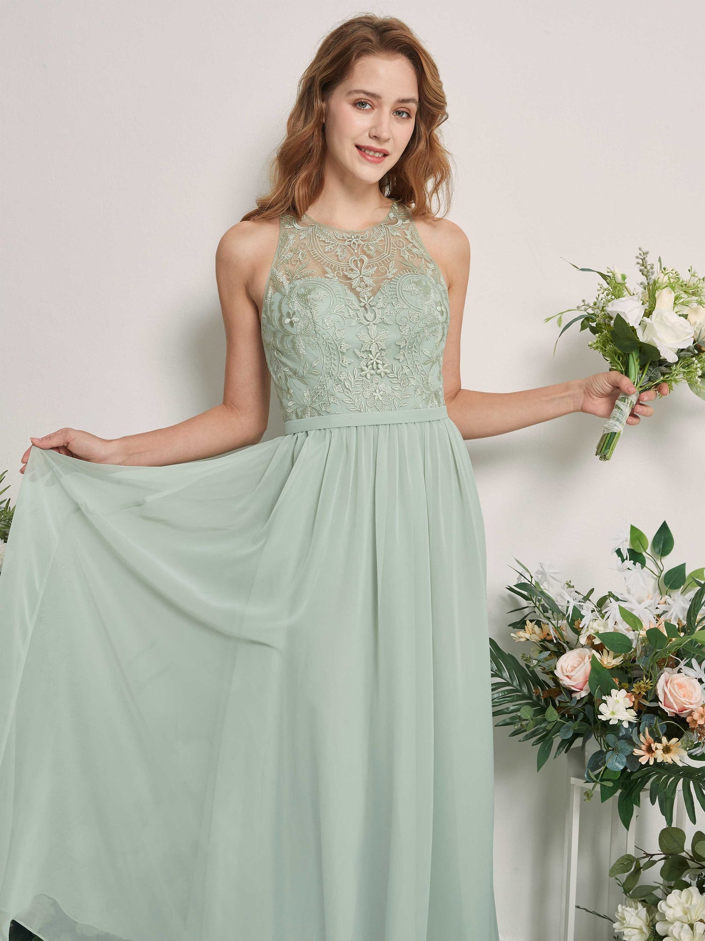 Carlyna A-Linien-Kleid Illusionsausschnitt Bodenlang Chiffon Brautjungfernkleid Salbeigrün #farbe_salbeigr-n