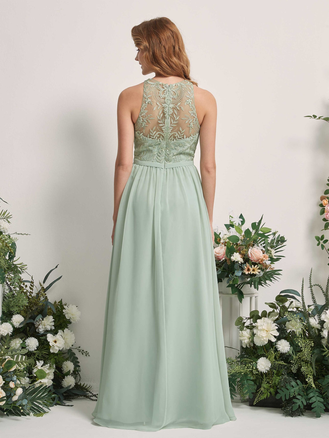 Carlyna A-Linien-Kleid Illusionsausschnitt Bodenlang Chiffon Brautjungfernkleid Salbeigrün #farbe_salbeigr-n