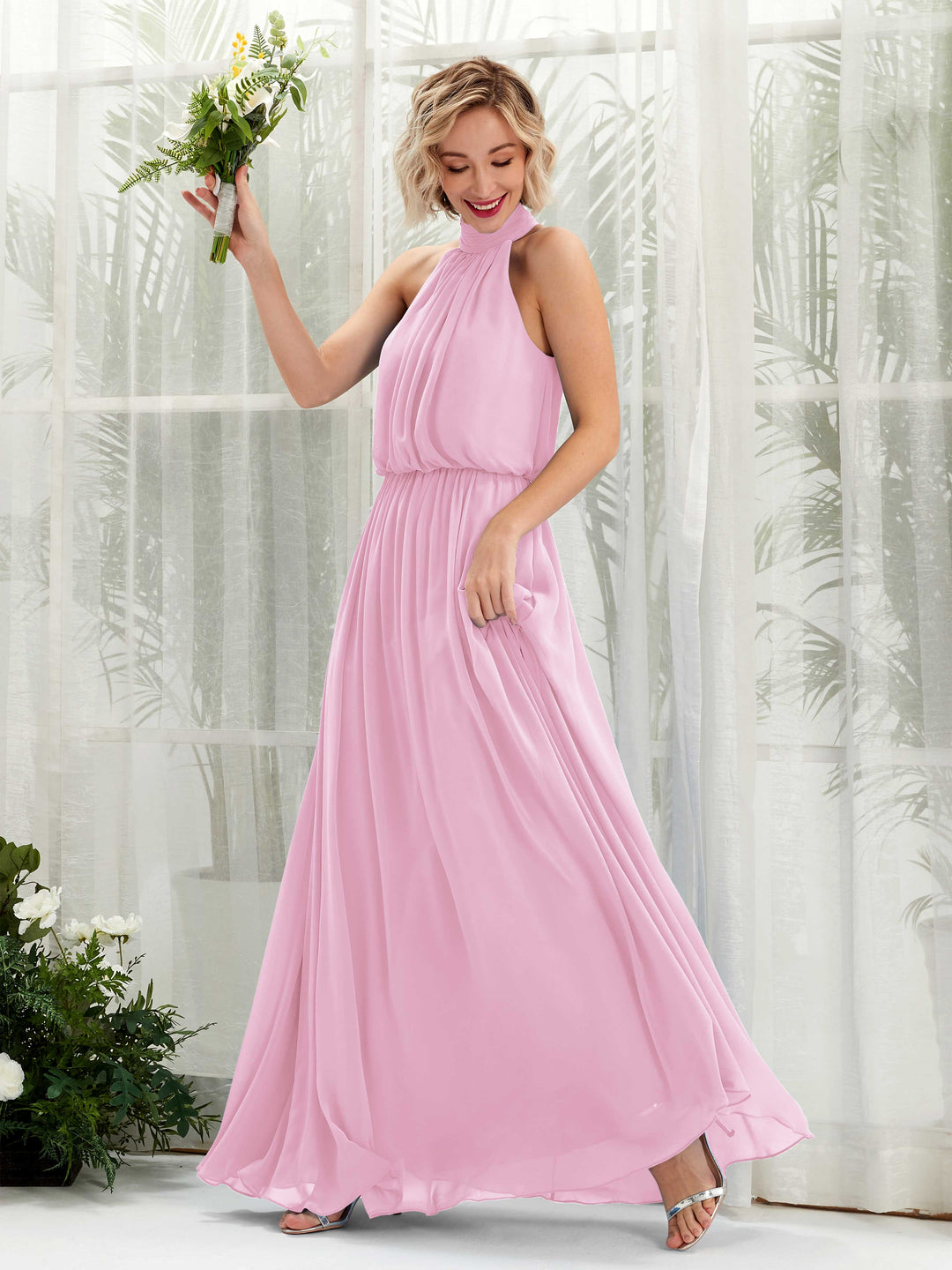 Carlyna A-Linien-Kleid mit Rundhals bodenlang aus Chiffon Brautjungfernkleider Bonbonrosa 