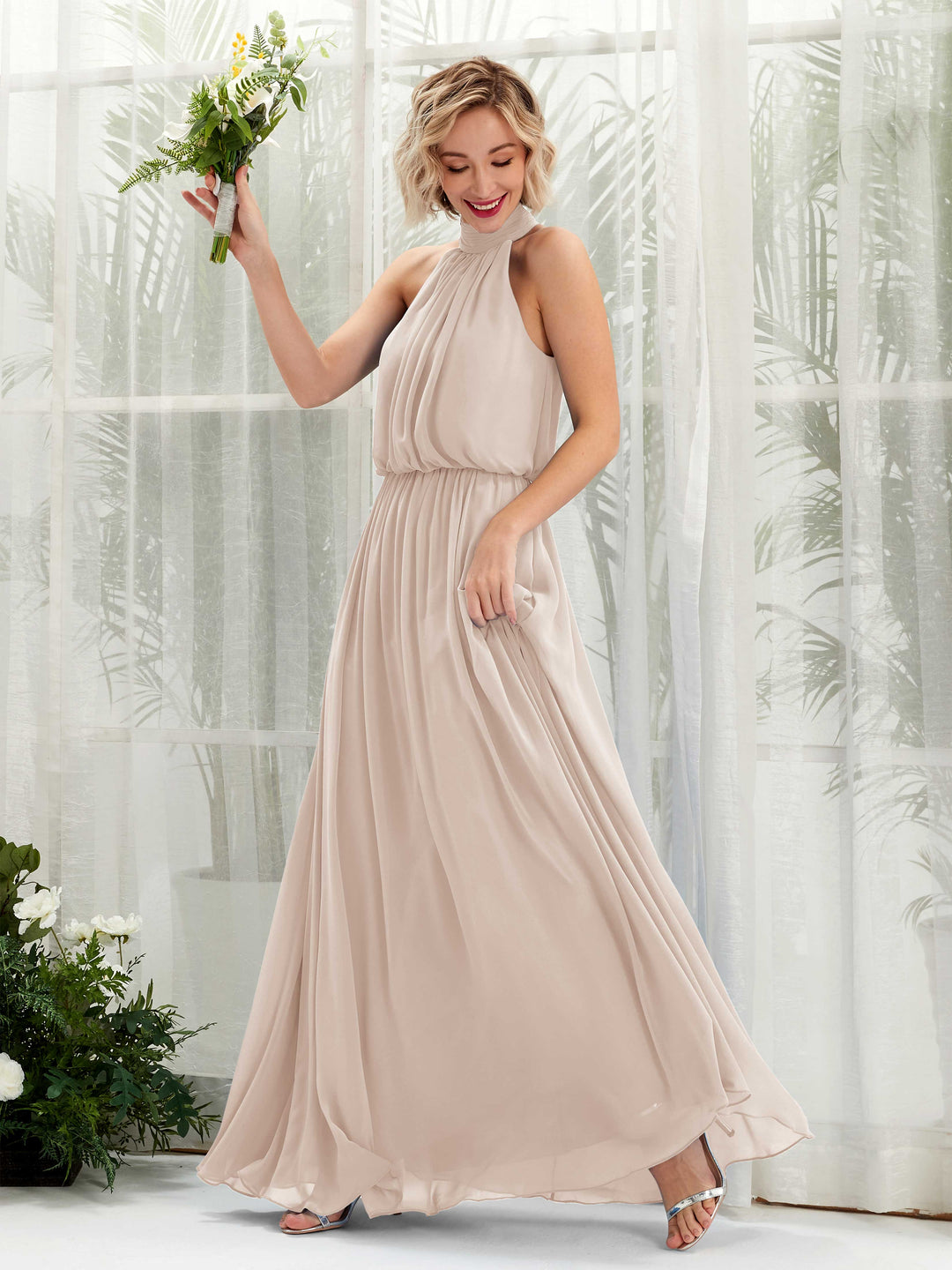 Carlyna A-Linien-Kleid mit Rundhals bodenlang aus Chiffon Brautjungfernkleider Champagner 