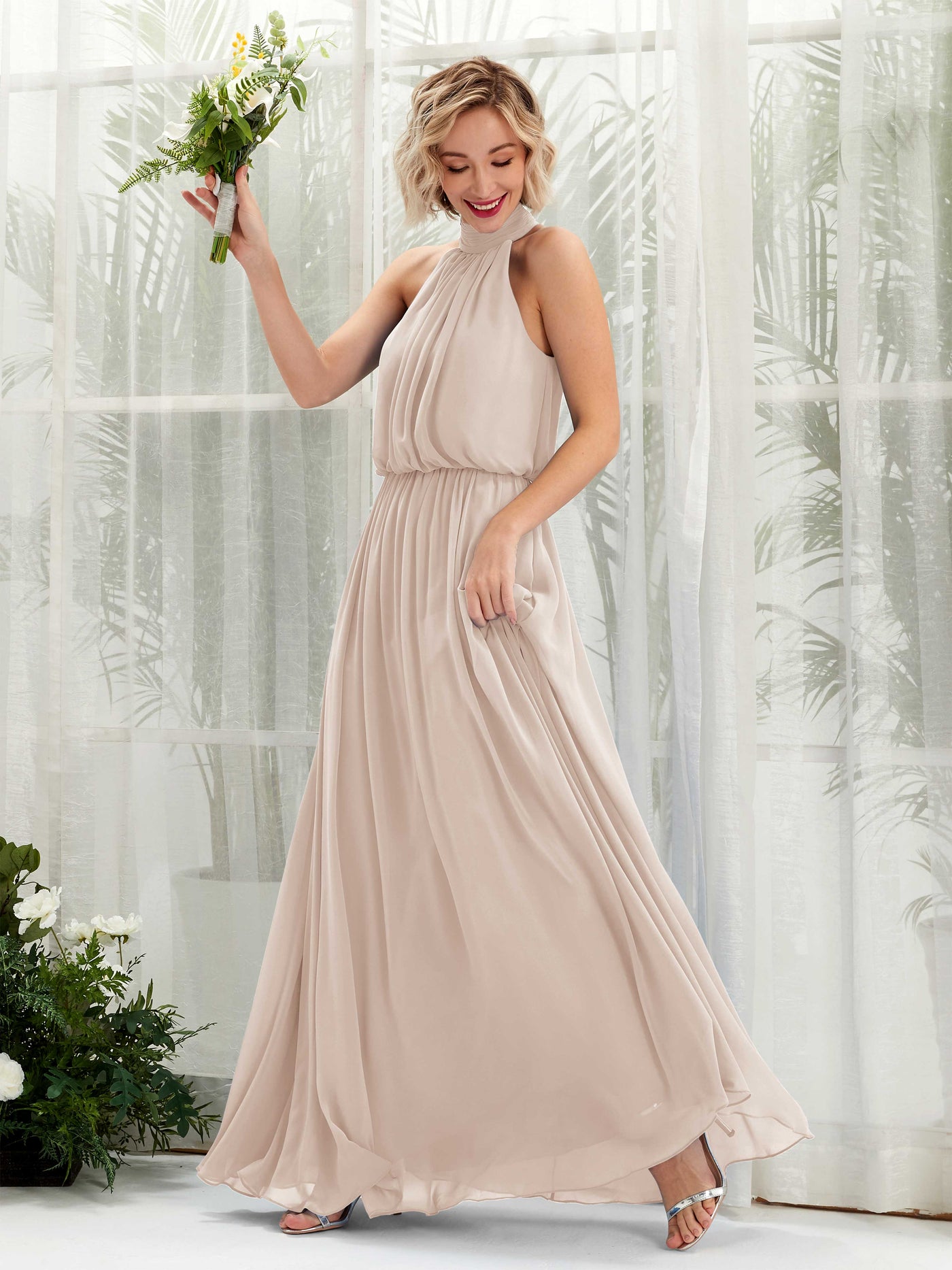 Carlyna A-Linien-Kleid mit Rundhals bodenlang aus Chiffon Brautjungfernkleider Champagner #farbe_champagner