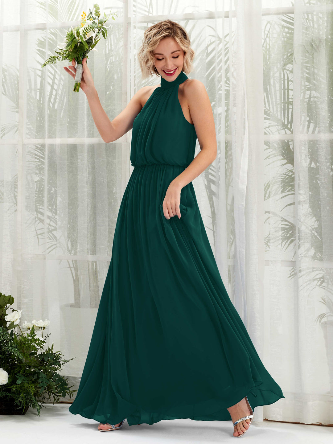 Carlyna A-Linien-Kleid mit Rundhals bodenlang aus Chiffon Brautjungfernkleider Dunkelsmaragd 