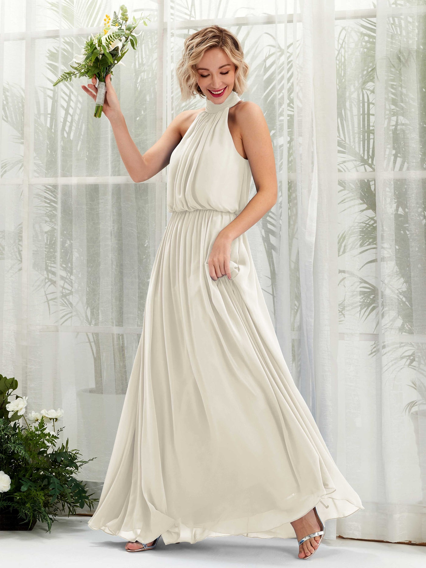 Carlyna A-Linien-Kleid mit Rundhals bodenlang aus Chiffon Brautjungfernkleider Elfenbein #farbe_elfenbein