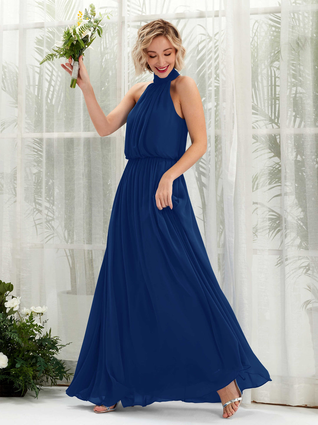 Carlyna A-Linien-Kleid mit Rundhals bodenlang aus Chiffon Brautjungfernkleider Königsblau 