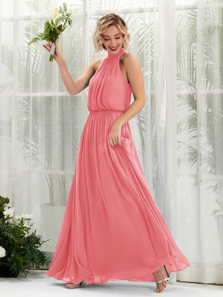 Carlyna A-Linien-Kleid mit Rundhals bodenlang aus Chiffon Brautjungfernkleider Korallenrosa 