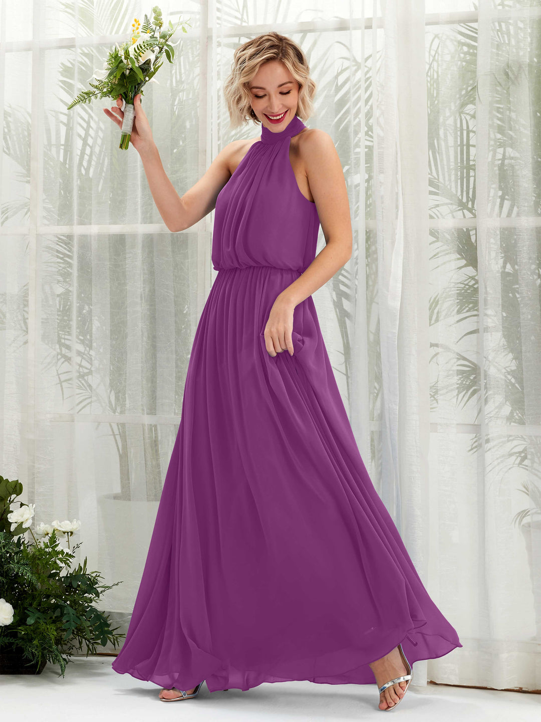Carlyna A-Linien-Kleid mit Rundhals bodenlang aus Chiffon Brautjungfernkleider Lila 