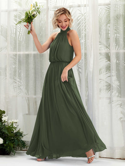 Carlyna A-Linien-Kleid mit Rundhals bodenlang aus Chiffon Brautjungfernkleider Martini-Olive #farbe_martini-olive