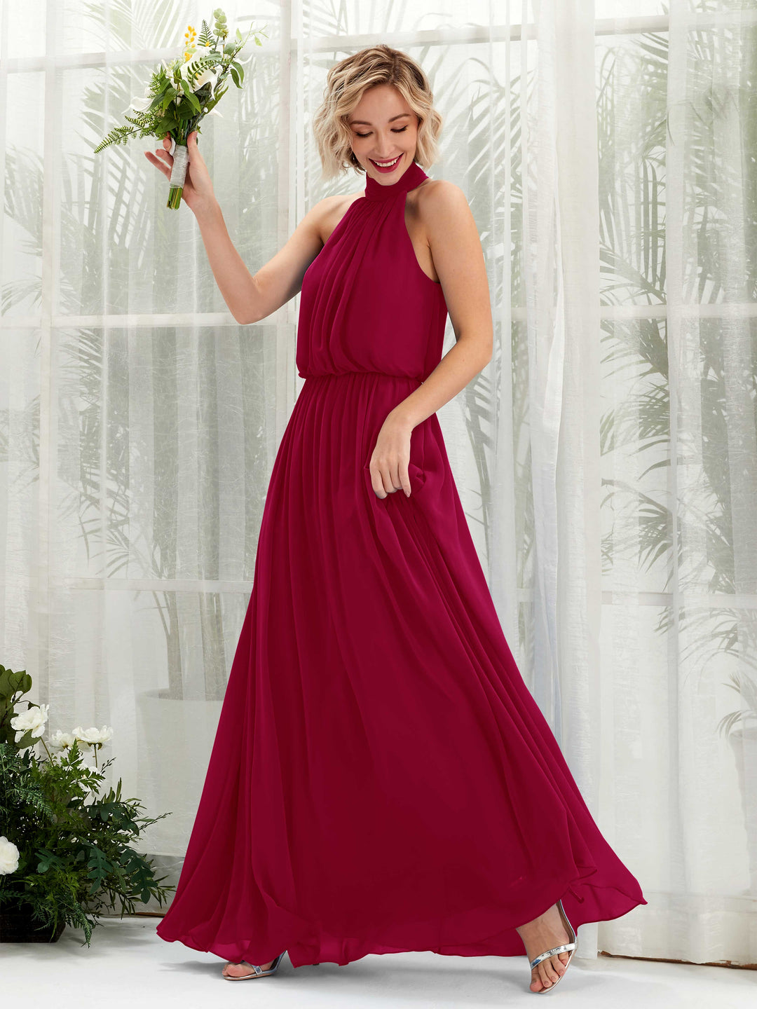 Carlyna A-Linien-Kleid mit Rundhals bodenlang aus Chiffon Brautjungfernkleider Narrenrot 