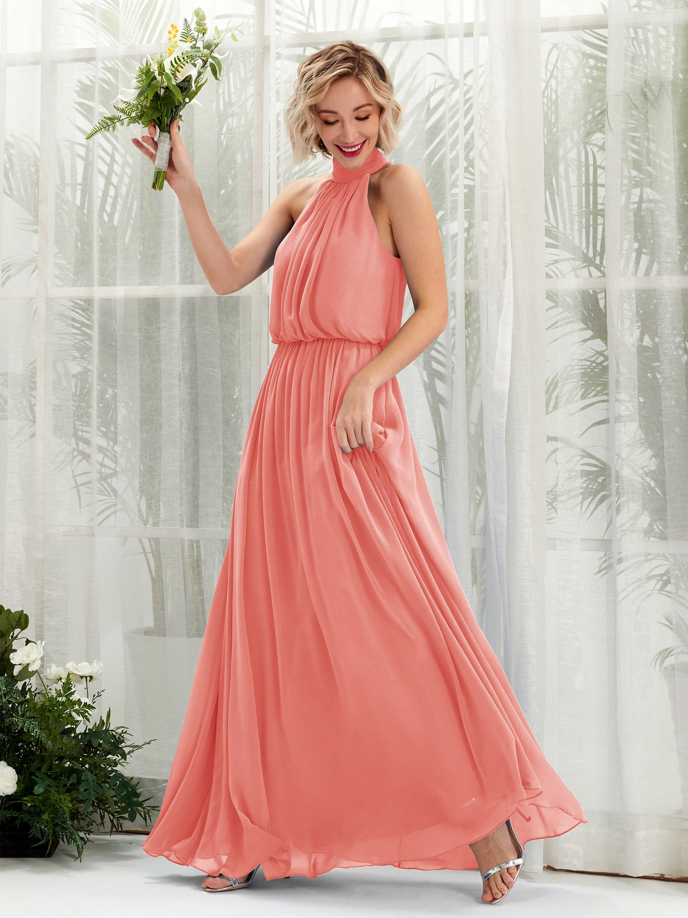 Carlyna A-Linien-Kleid mit Rundhals bodenlang aus Chiffon Brautjungfernkleider Pfirsichrosa #farbe_pfirsichrosa
