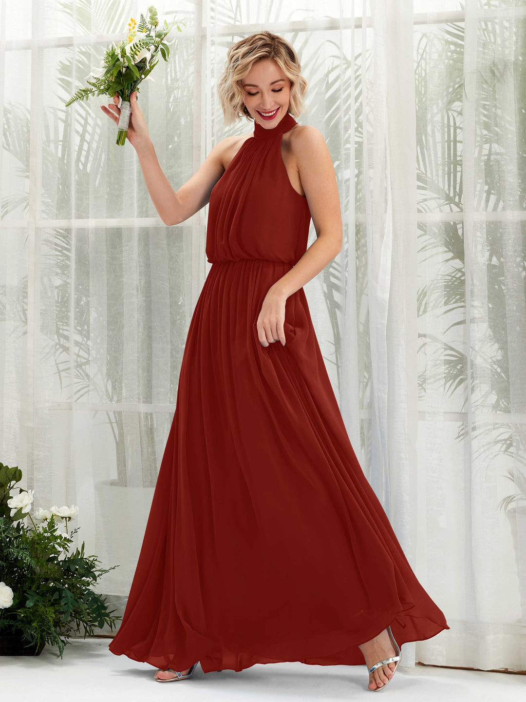 Carlyna A-Linien-Kleid mit Rundhals bodenlang aus Chiffon Brautjungfernkleider Rostrot 