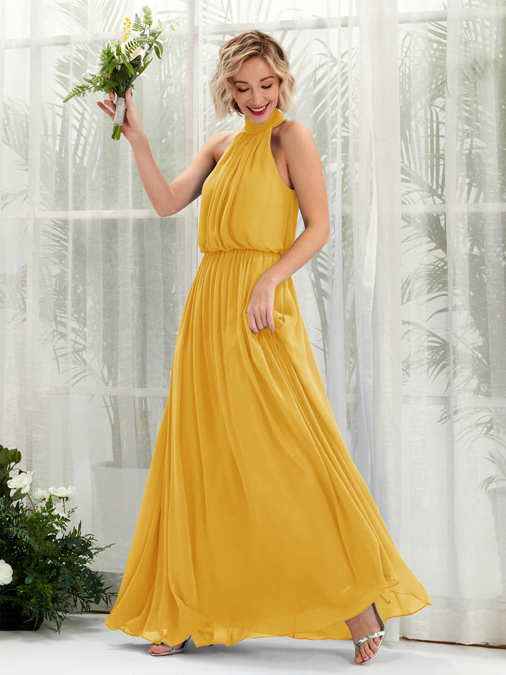 Carlyna A-Linien-Kleid mit Rundhals bodenlang aus Chiffon Brautjungfernkleider Senfgelb 