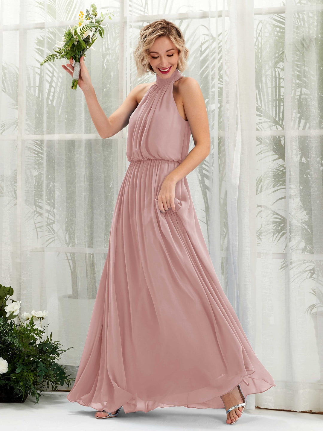 Carlyna A-Linien-Kleid mit Rundhals bodenlang aus Chiffon Brautjungfernkleider Staubige Rose 
