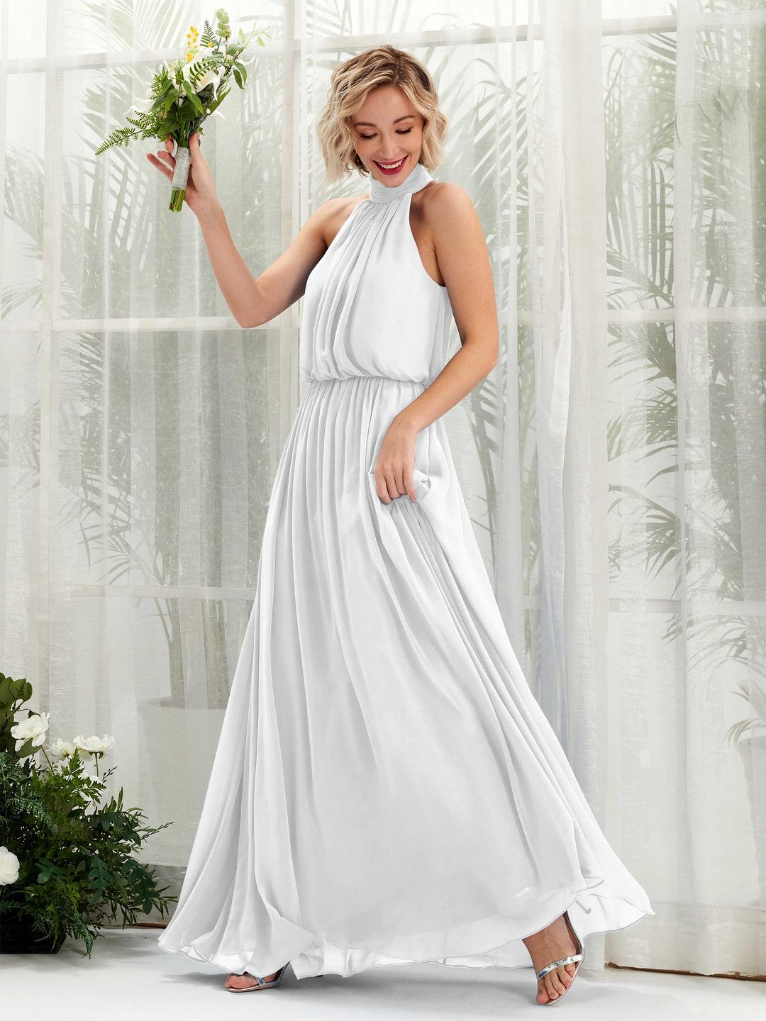 Carlyna A-Linien-Kleid mit Rundhals bodenlang aus Chiffon Brautjungfernkleider Weiß 