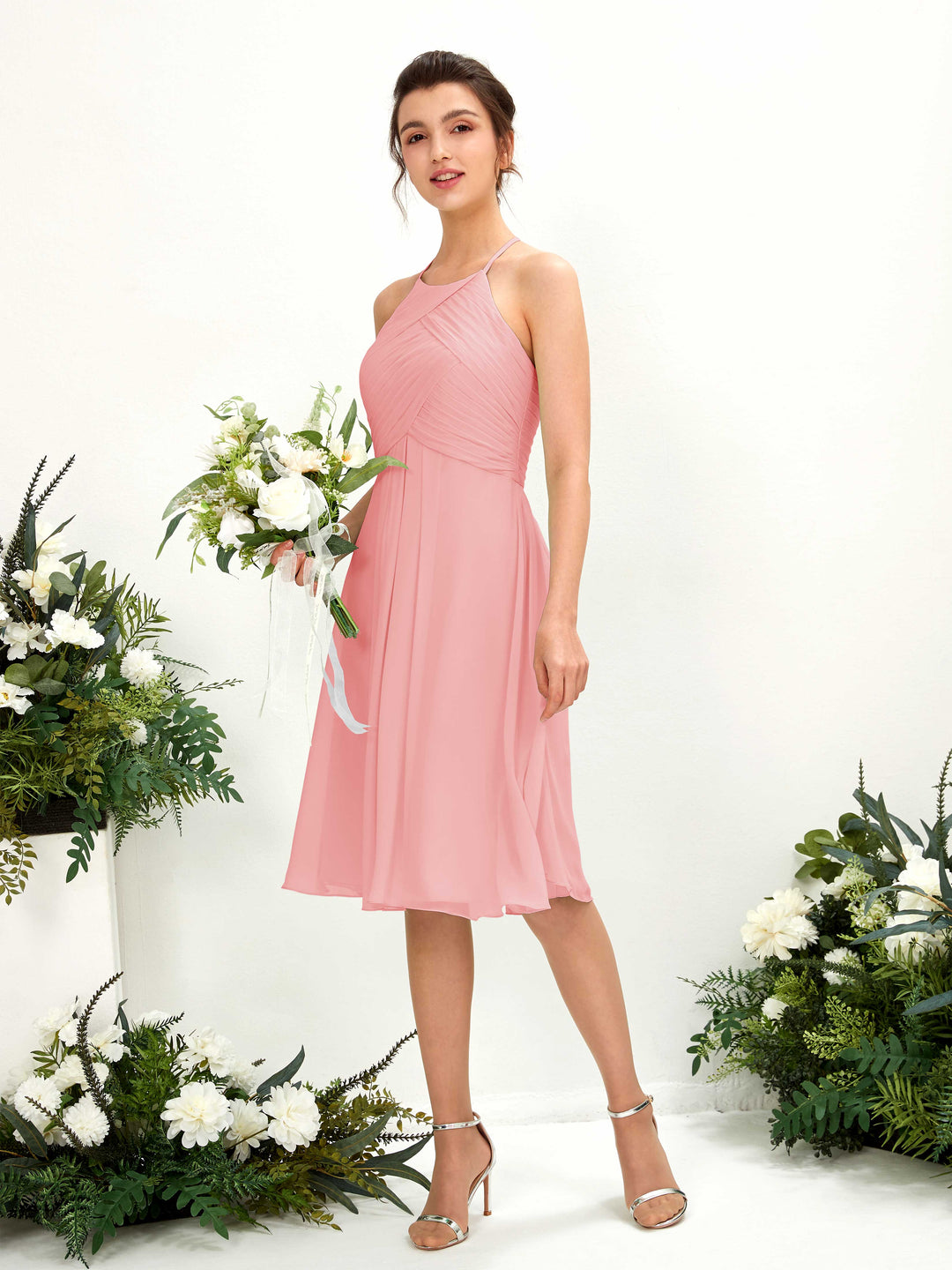 Carlyna A-Linien Kleid mit Rundhals Chiffon knielanges Brautjungfernkleid Ballettrosa 