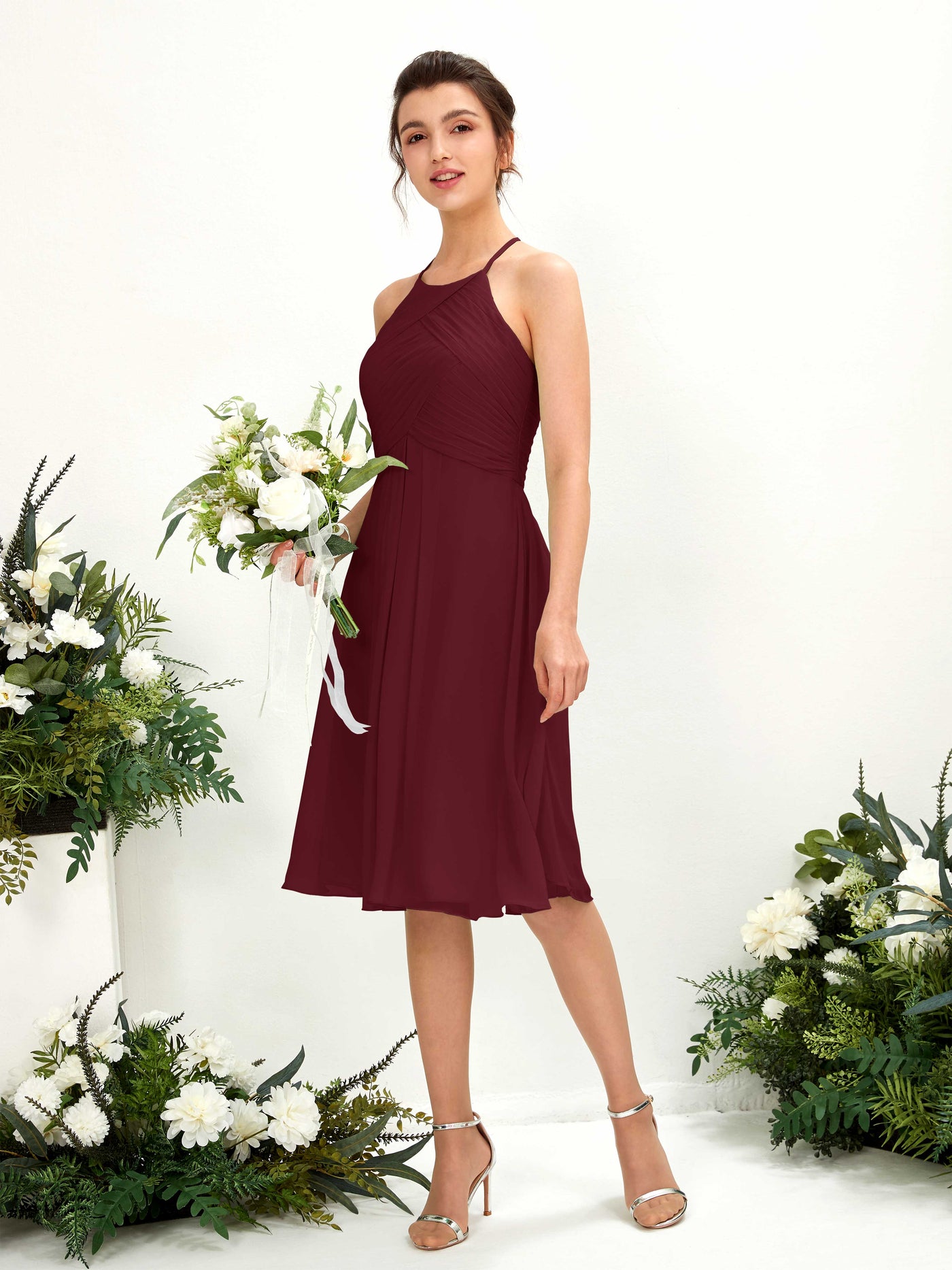 Carlyna A-Linien Kleid mit Rundhals Chiffon knielanges Brautjungfernkleid Burgunderrot #farbe_burgunderrot