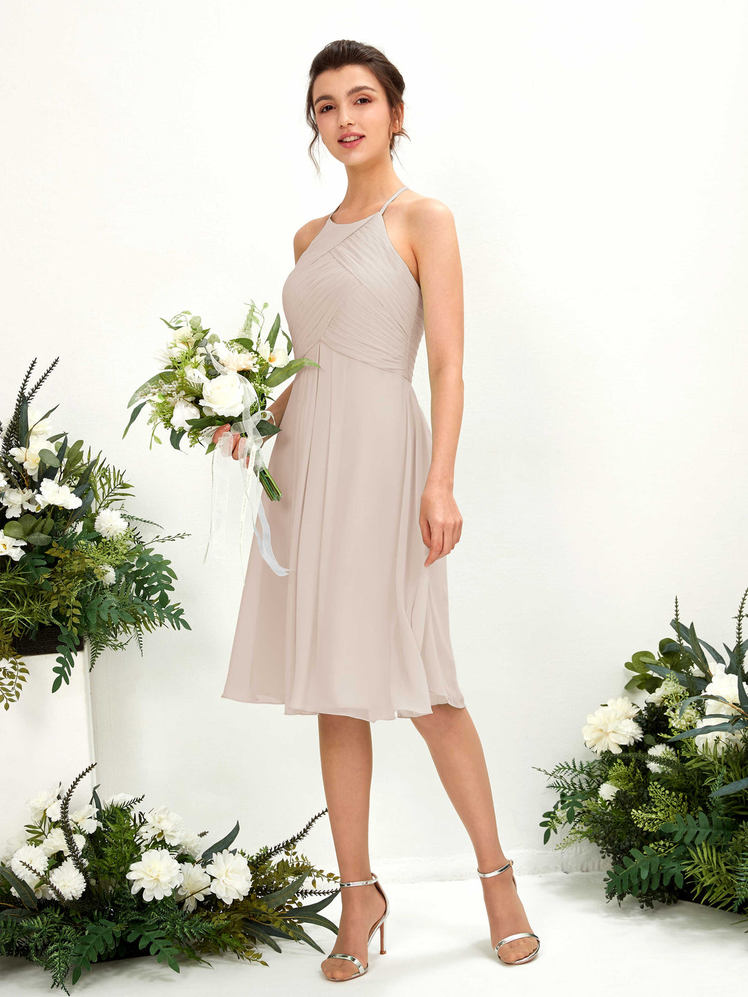 Carlyna A-Linien Kleid mit Rundhals Chiffon knielanges Brautjungfernkleid Champagner 