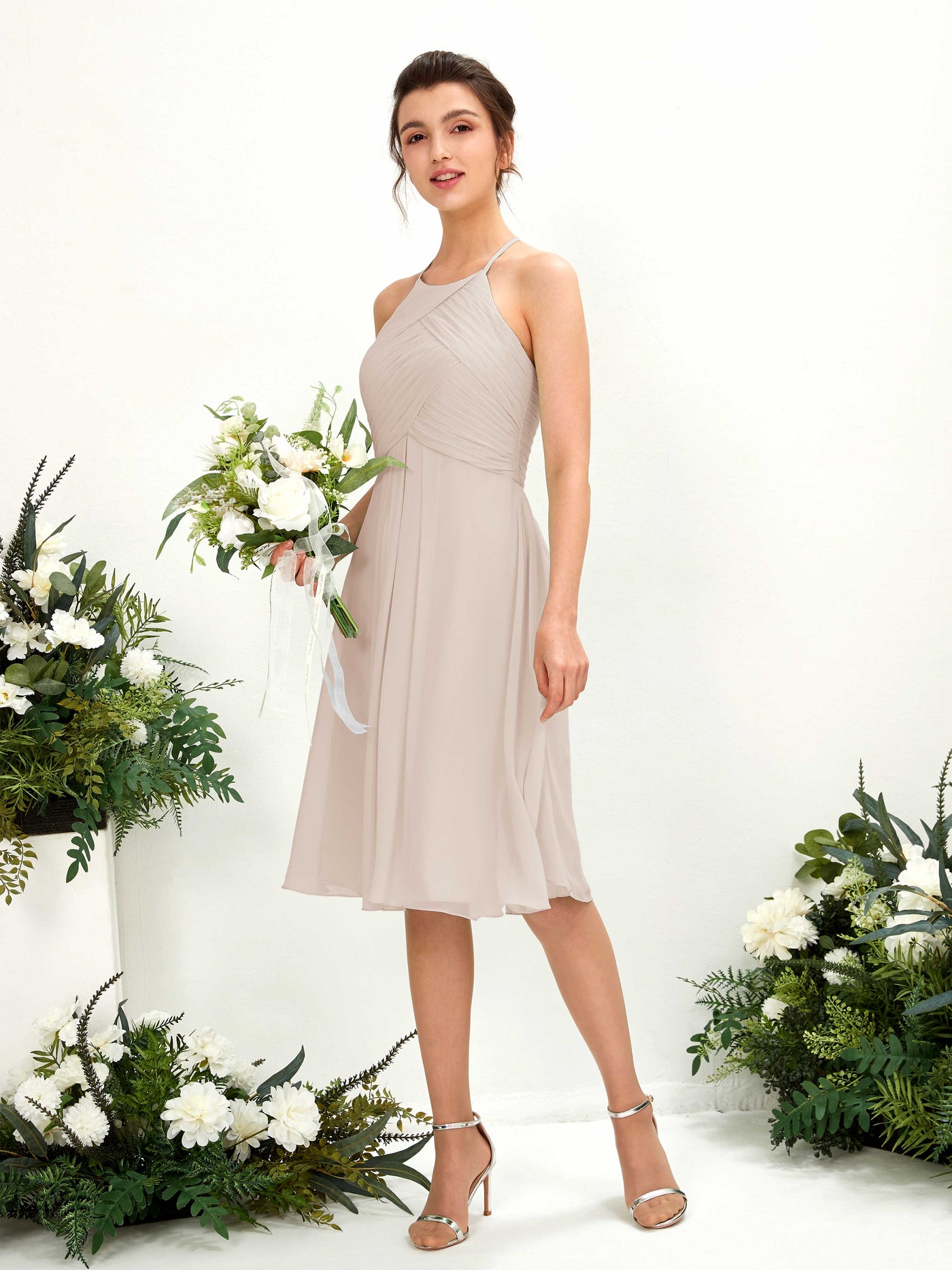 Carlyna A-Linien Kleid mit Rundhals Chiffon knielanges Brautjungfernkleid Champagner #farbe_champagner