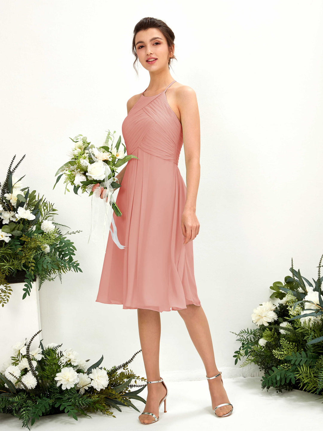 Carlyna A-Linien Kleid mit Rundhals Chiffon knielanges Brautjungfernkleid Champagner-Rose 