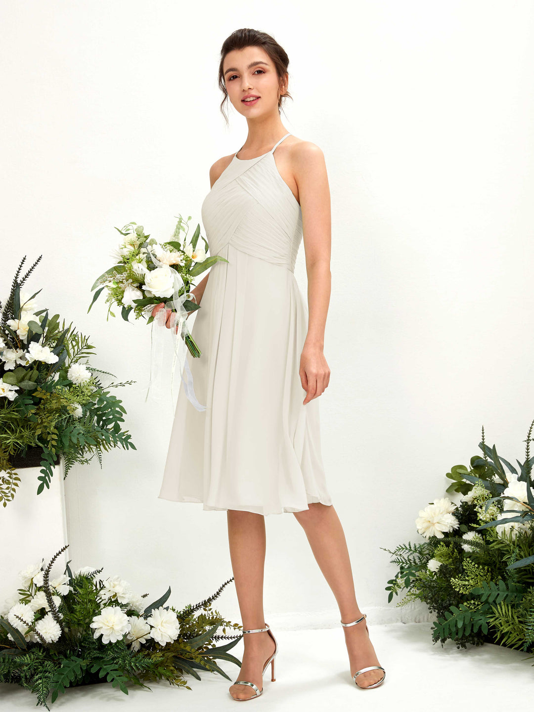 Carlyna A-Linien Kleid mit Rundhals Chiffon knielanges Brautjungfernkleid Elfenbein 