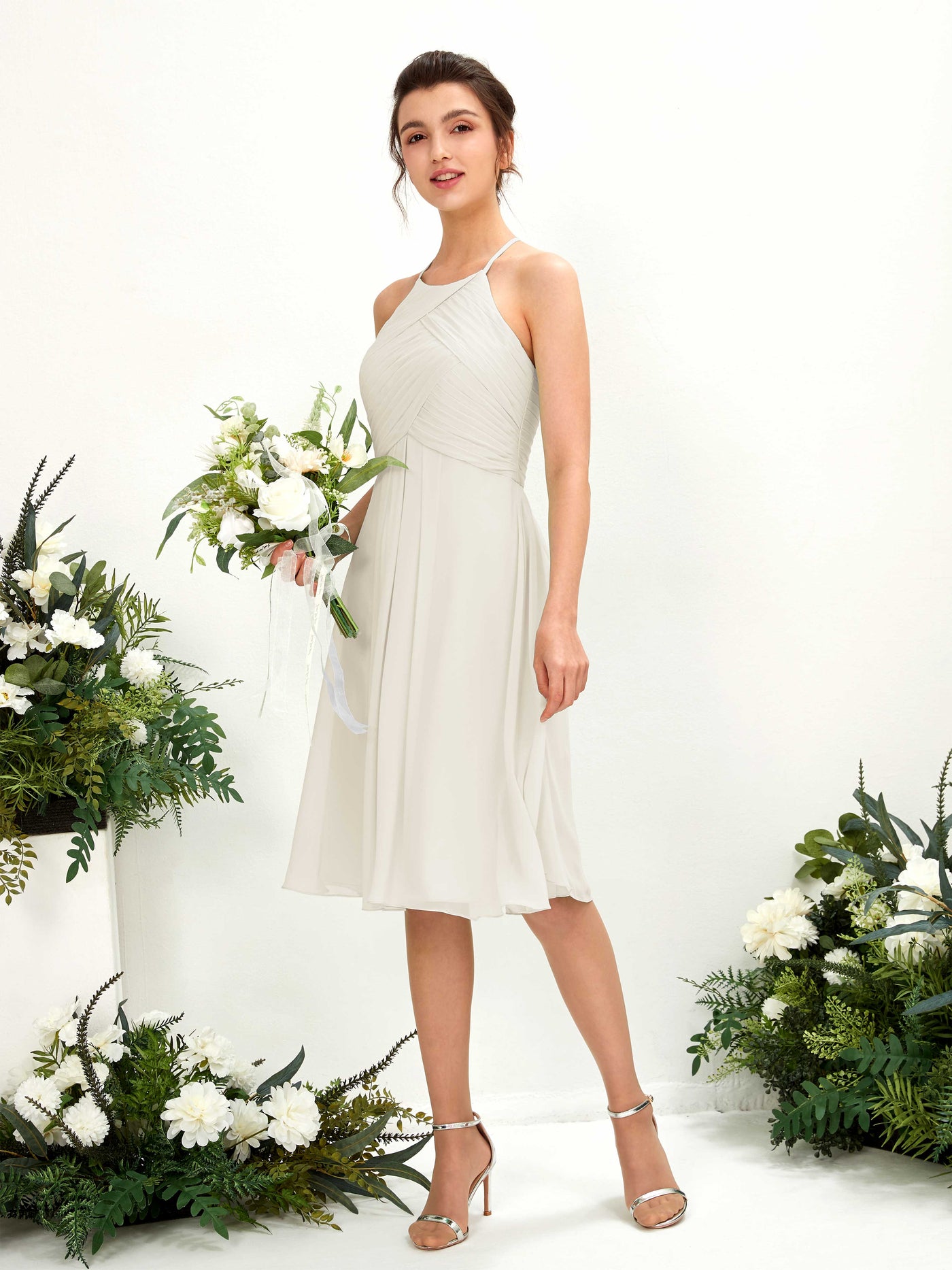 Carlyna A-Linien Kleid mit Rundhals Chiffon knielanges Brautjungfernkleid Elfenbein #farbe_elfenbein
