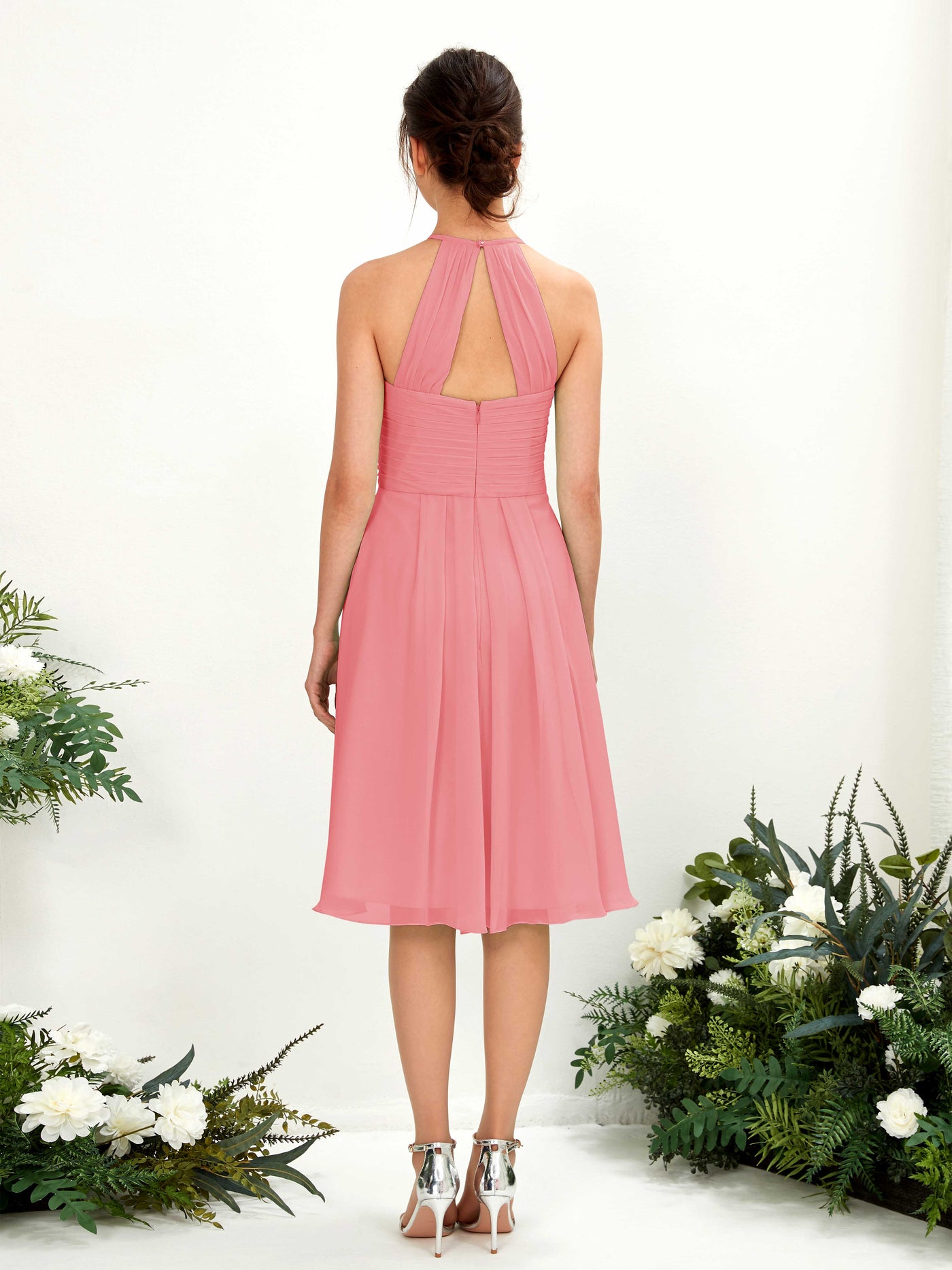 Carlyna A-Linien Kleid mit Rundhals Chiffon knielanges Brautjungfernkleid Korallenrosa #farbe_korallenrosa