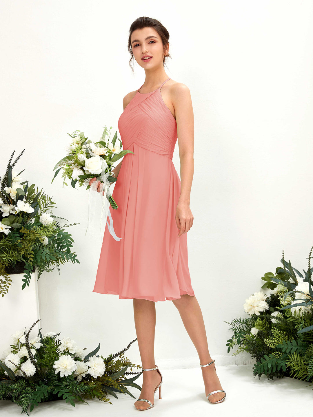 Carlyna A-Linien Kleid mit Rundhals Chiffon knielanges Brautjungfernkleid Pfirsichrosa 