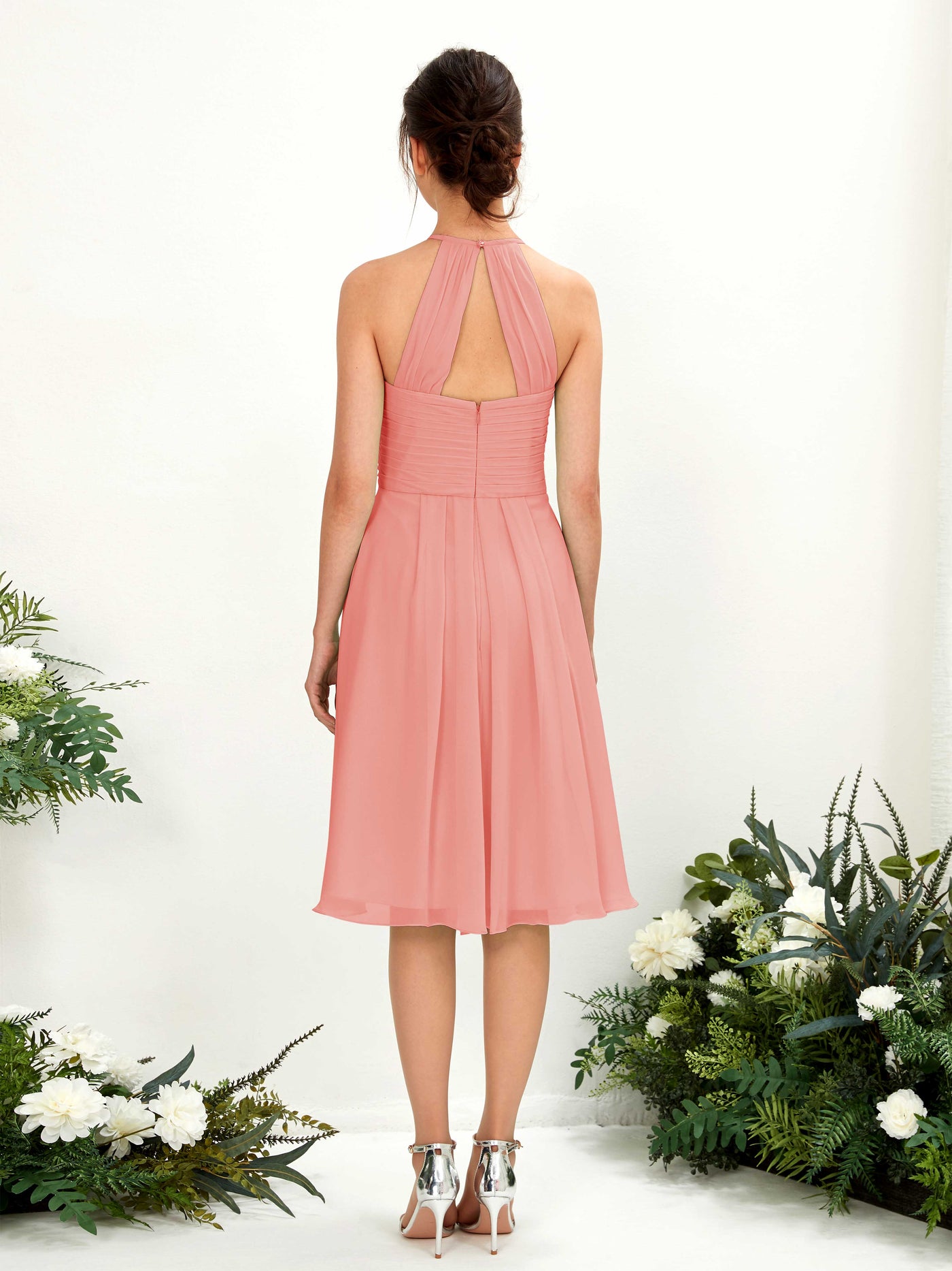 Carlyna A-Linien Kleid mit Rundhals Chiffon knielanges Brautjungfernkleid Pfirsichrosa #farbe_pfirsichrosa