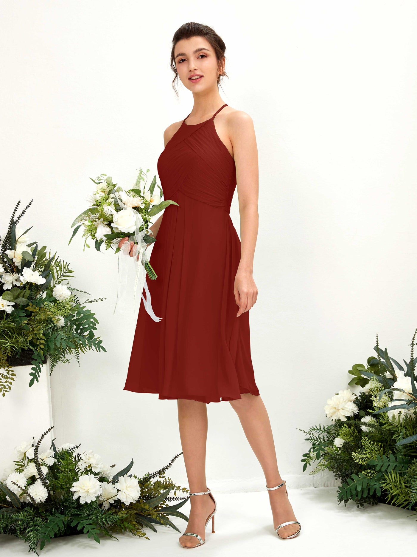 Carlyna A-Linien Kleid mit Rundhals Chiffon knielanges Brautjungfernkleid Rostrot #farbe_rostrot