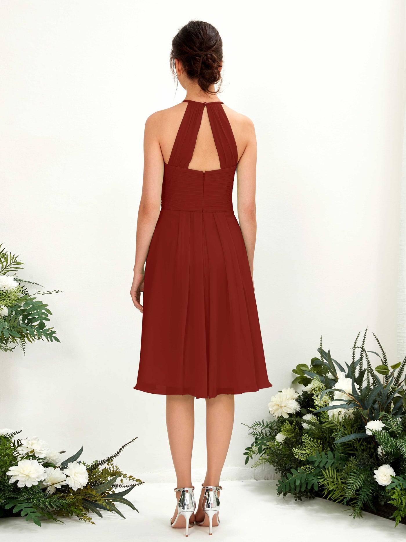 Carlyna A-Linien Kleid mit Rundhals Chiffon knielanges Brautjungfernkleid Rostrot #farbe_rostrot