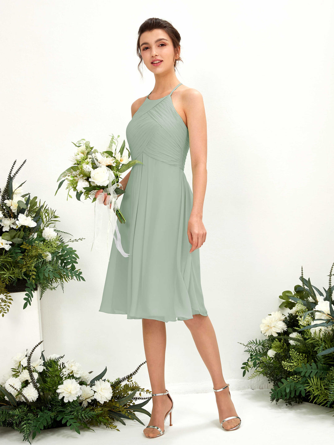 Carlyna A-Linien Kleid mit Rundhals Chiffon knielanges Brautjungfernkleid Salbeigrün 